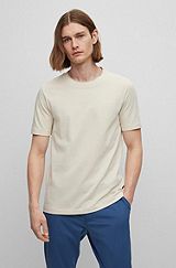 Slim-fit T-shirt in structured cotton with double collar, Natural