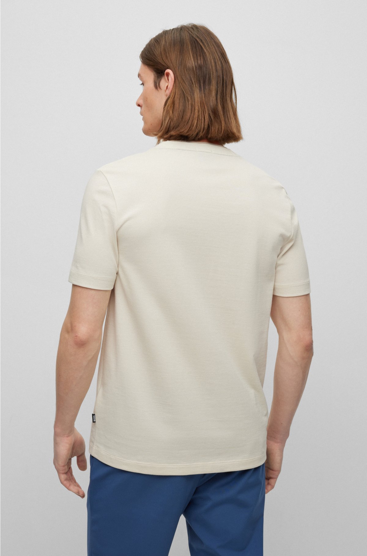 Slim-fit T-shirt in structured cotton with double collar, Natural