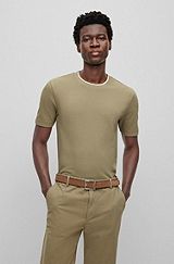 Slim-fit T-shirt in structured cotton with double collar, Khaki