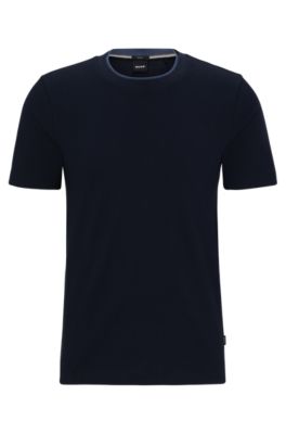 Hugo Boss Slim-fit T-shirt In Structured Cotton With Double Collar In Dark Blue