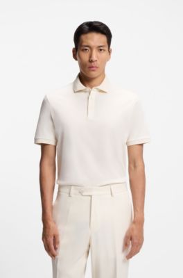 Mercerised cotton polo shirt with stand-up collar, Natural