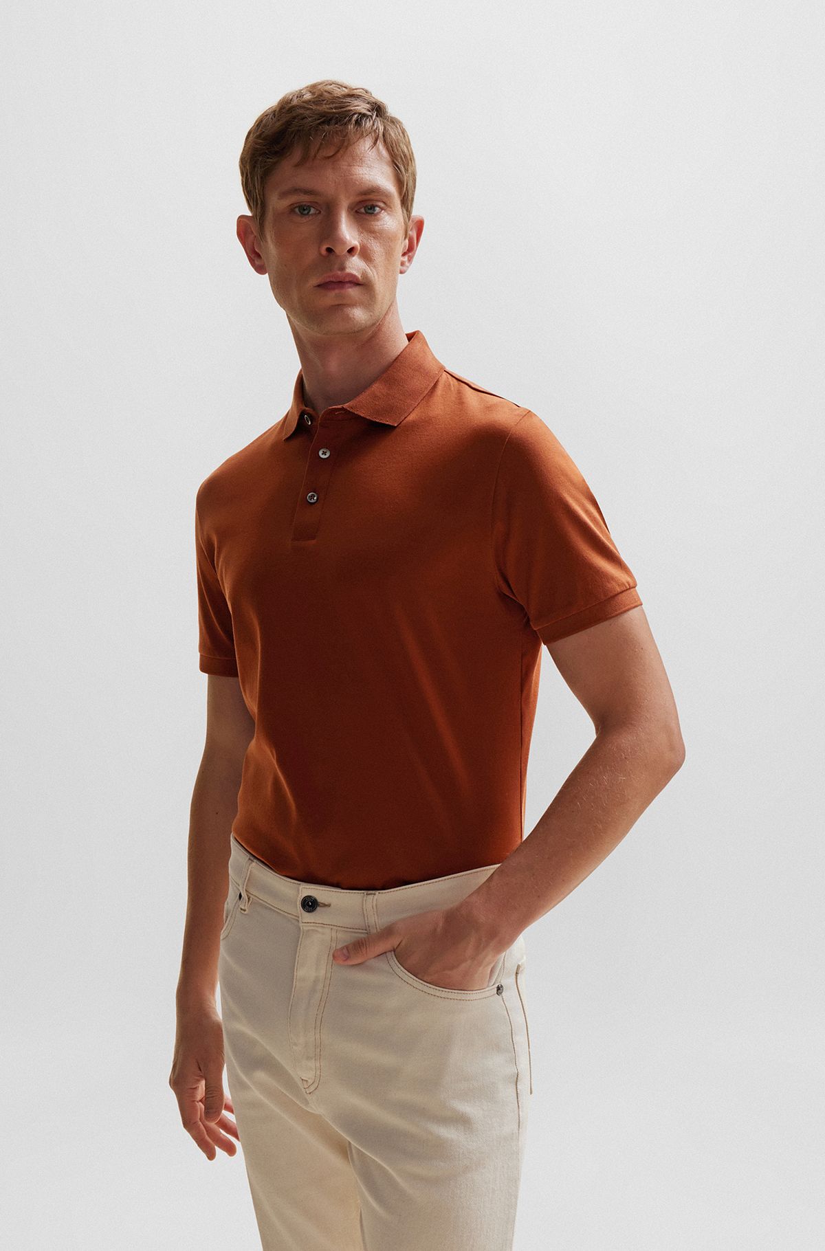 Regular-fit polo shirt in mercerised Italian cotton, Brown