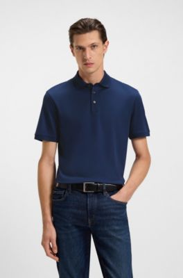 Mercerised cotton polo shirt with stand-up collar, Dark Blue