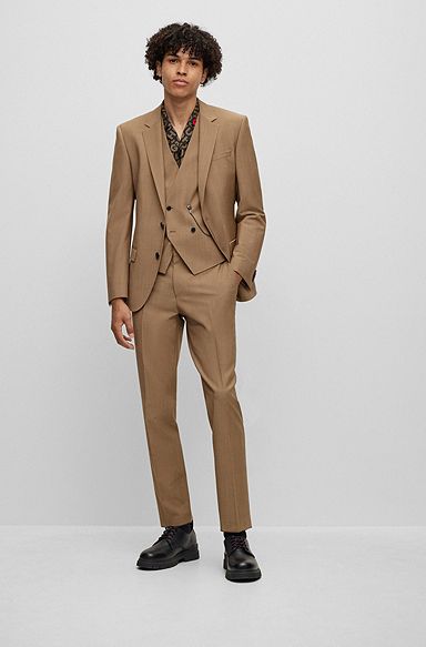 Three-piece slim-fit suit in mohair-look fabric, Brown