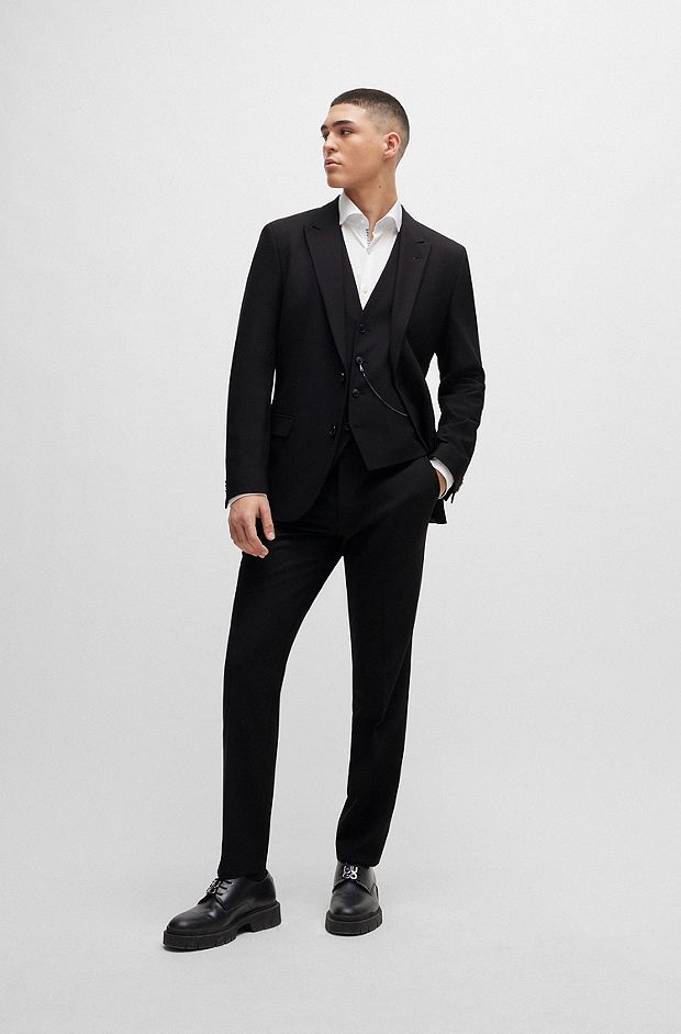 Three-piece slim-fit suit in performance-stretch fabric, Black