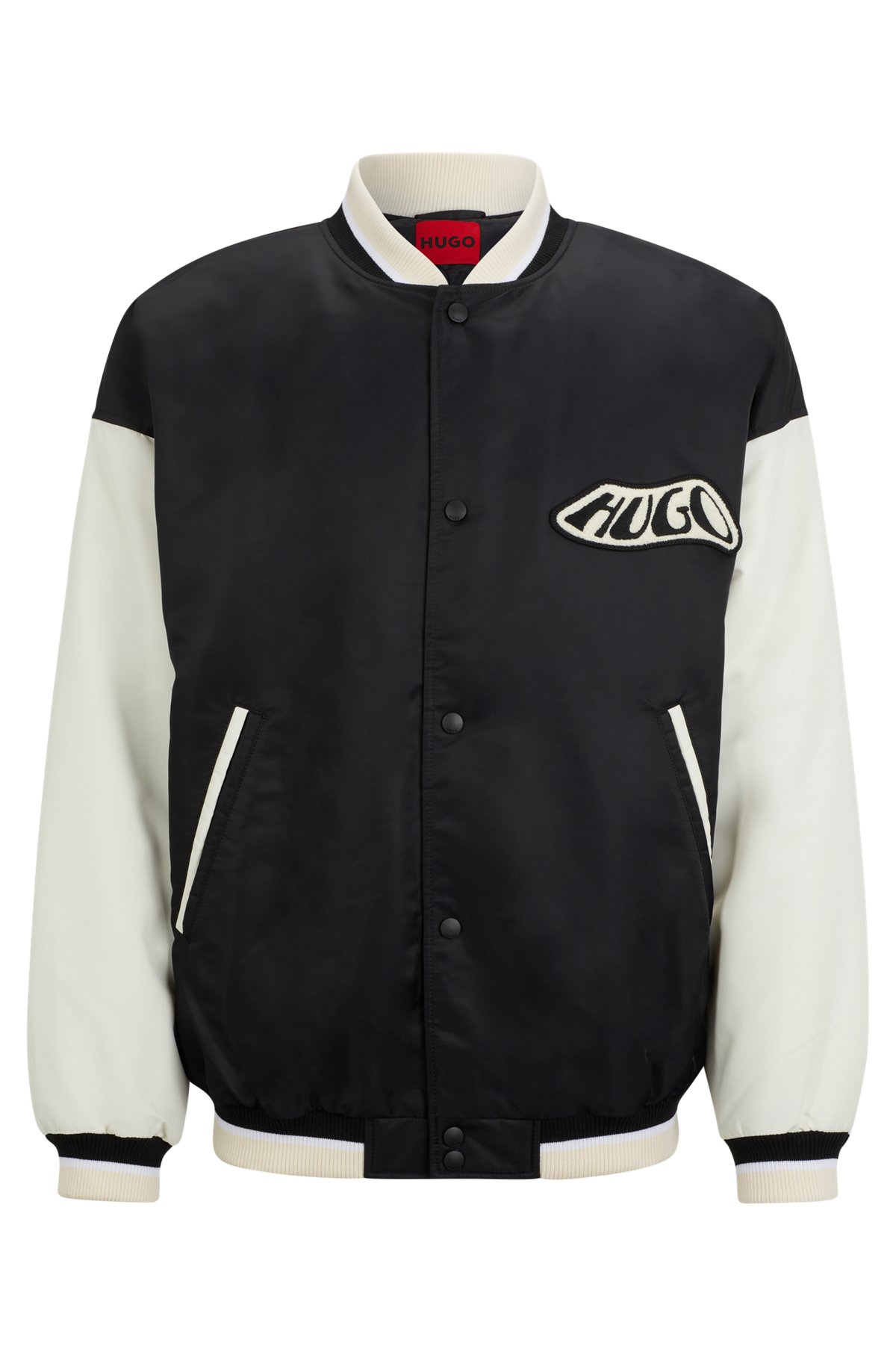 Water-repellent varsity-style bomber jacket with logo badge, White / Black