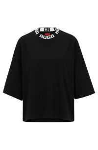 Camiseta relaxed fit en punto de algodón con logo en el cuello, Negro