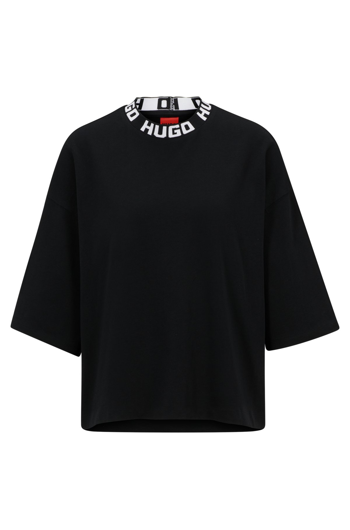 Cotton-jersey relaxed-fit T-shirt with logo collar, Black