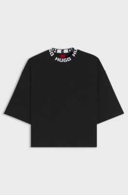 Cotton-jersey T-shirt with logo collar, Black