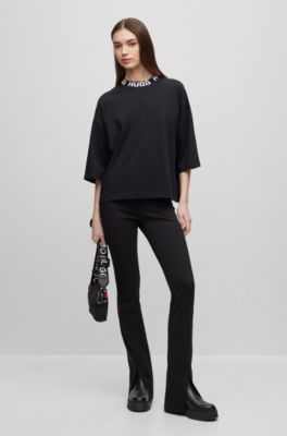 コットンジャージー リラックスフィットTシャツ ロゴネック, ブラック