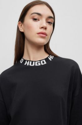 コットンジャージー リラックスフィットTシャツ ロゴネック, ブラック