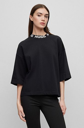 Relaxed-Fit T-Shirt aus Baumwoll-Jersey mit Logo-Kragen, Schwarz
