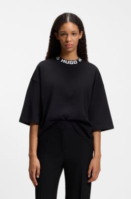 T-shirt in jersey di cotone con colletto con logo, Nero