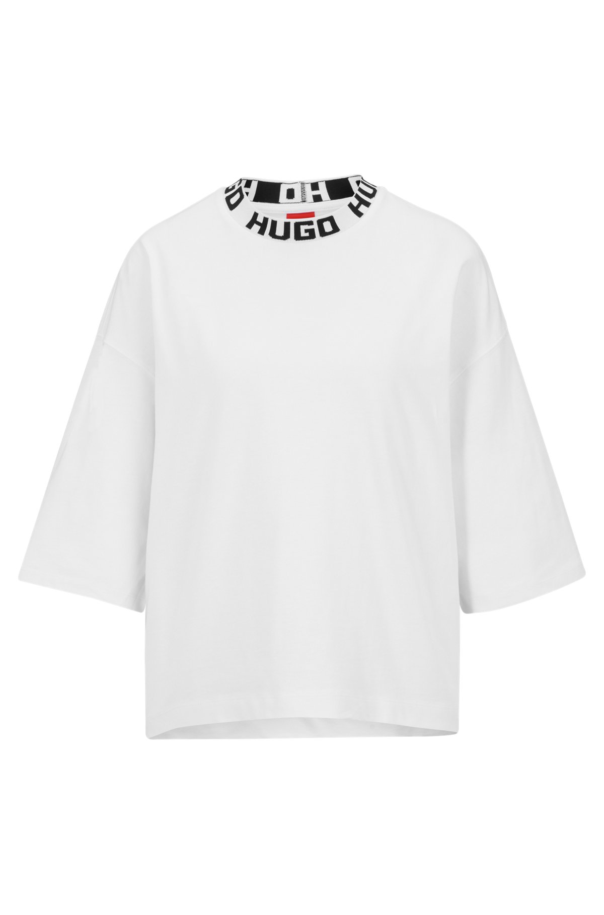Camiseta relaxed fit en punto de algodón con logo en el cuello, Blanco