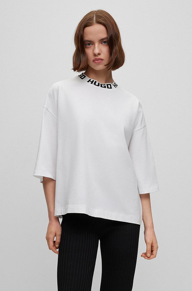 Cotton-jersey relaxed-fit T-shirt with logo collar, White
