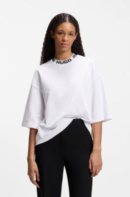 Cotton-jersey T-shirt with logo collar, White