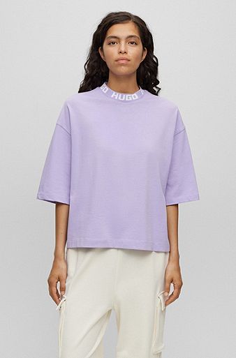 Cotton-jersey relaxed-fit T-shirt with logo collar, Light Purple