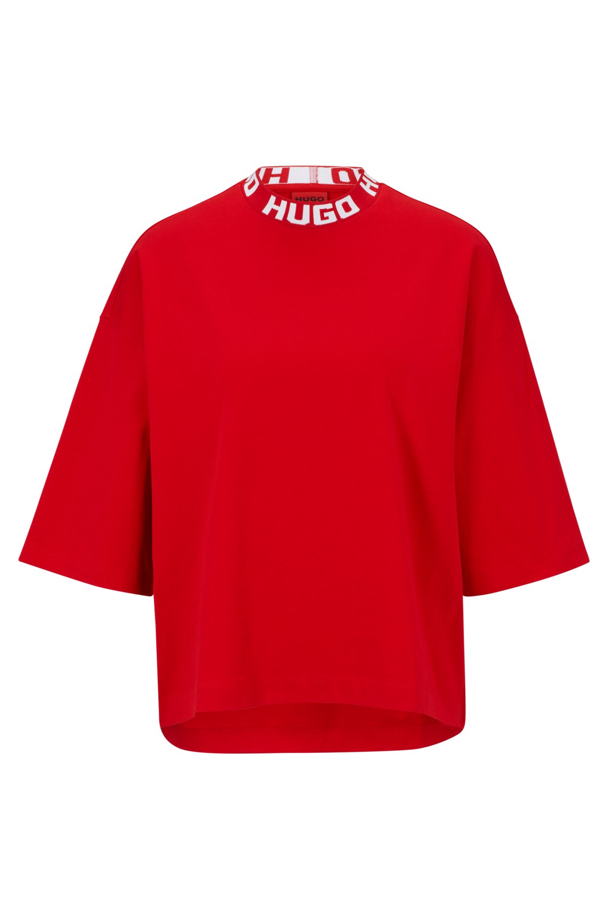 Camiseta relaxed fit en punto de algodón con logo en el cuello, Rojo