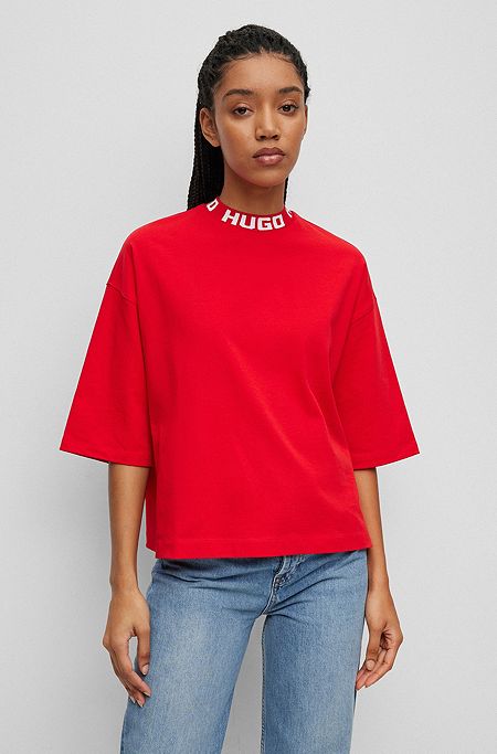 Camiseta relaxed fit en punto de algodón con logo en el cuello, Rojo