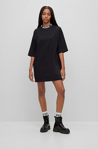 Cotton-jersey T-shirt dress with logo collar, Black