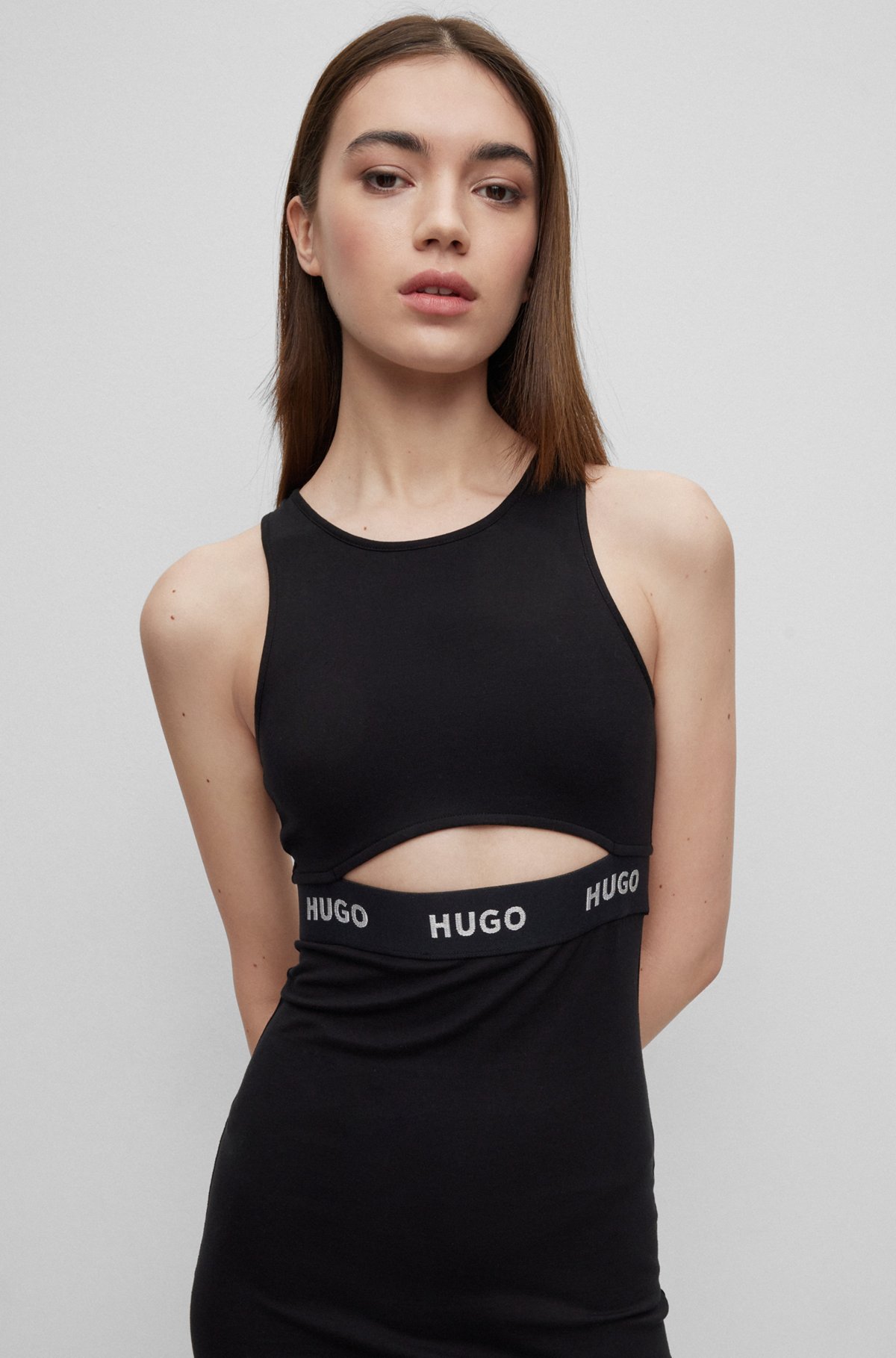Stretch-cotton dress with cut-out and logo details, Black