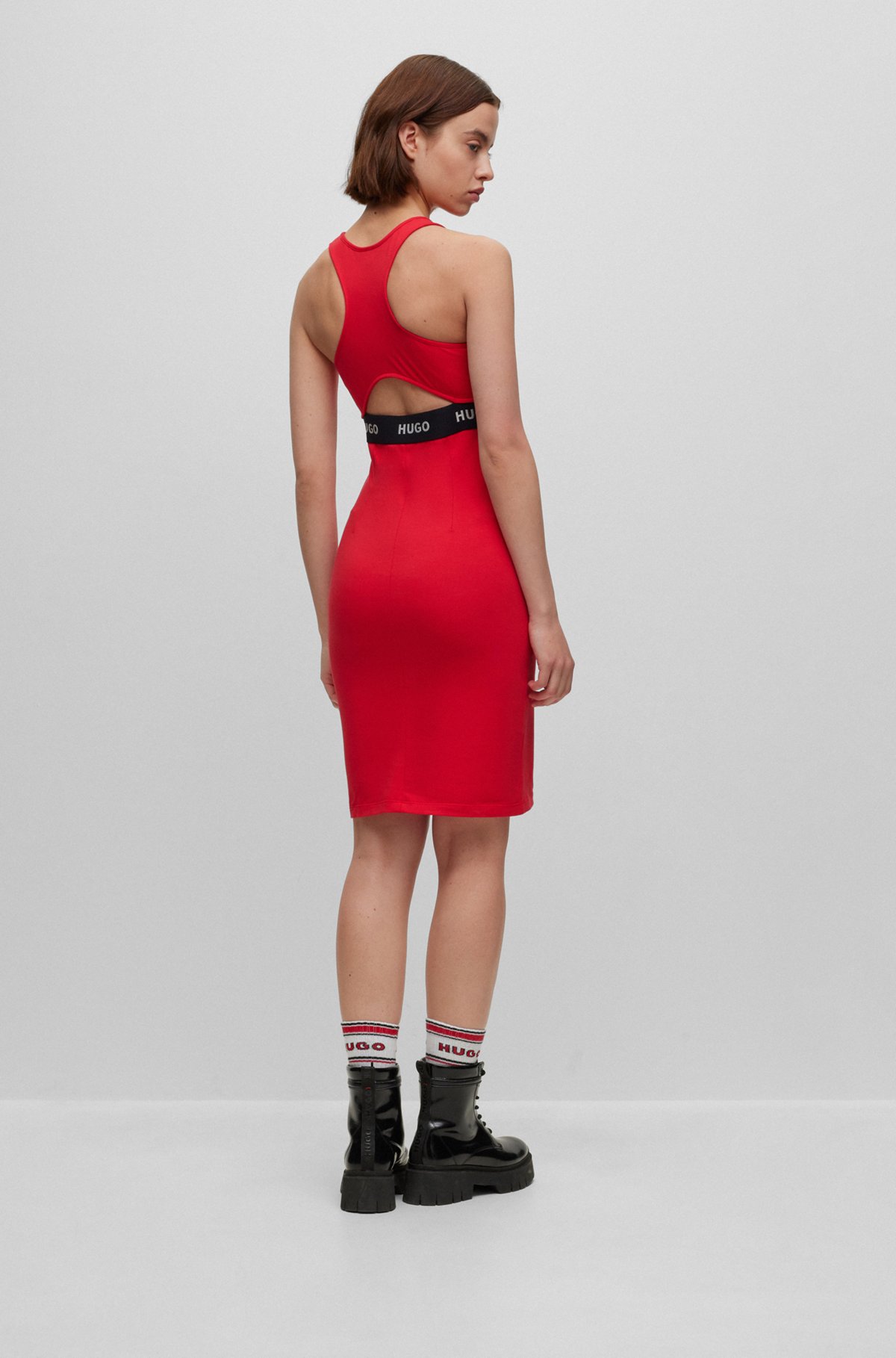 Kjole i bomuld med stræk, udskæringer og logo, Rød