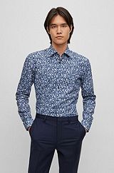 Camicia slim fit in popeline di cotone stampato, Blu scuro