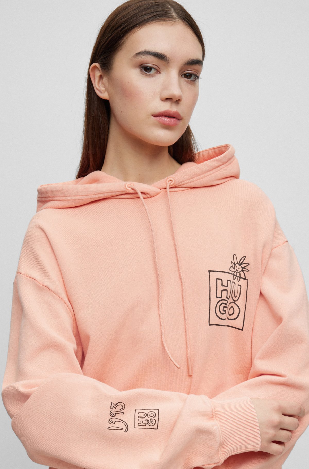 Cotton-terry hoodie with seasonal motifs, Light Orange