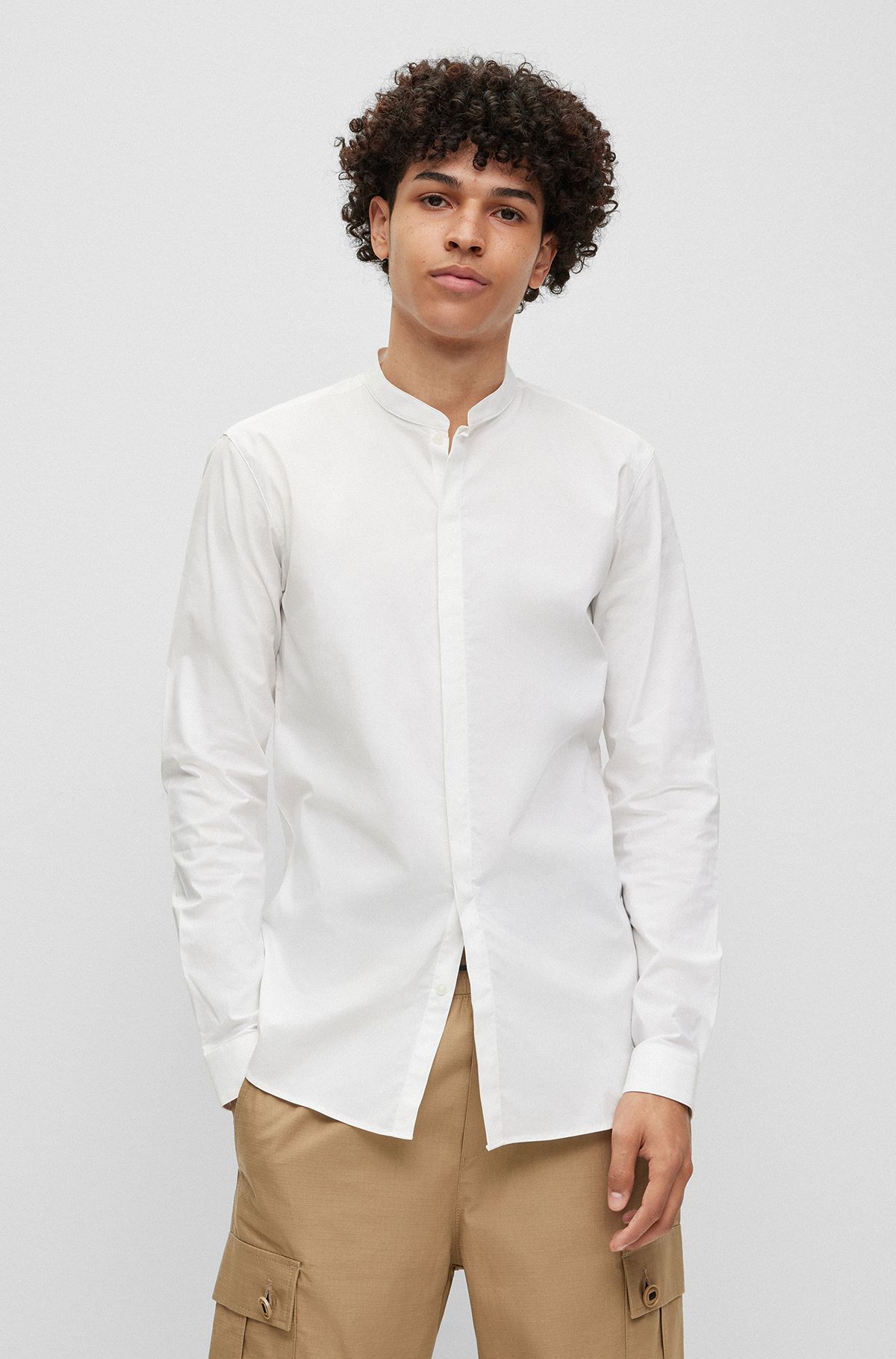 Extra-slim-fit shirt in stretch cotton with stand collar, White