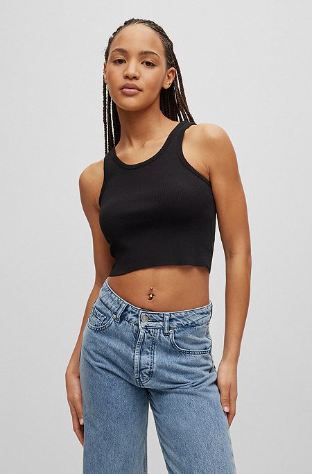Cropped slim-fit tank top in stretch cotton, Black