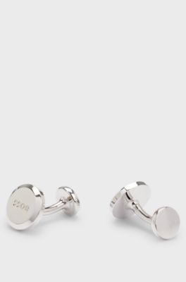 Round polished-brass cufflinks with engraved logo, Silver tone