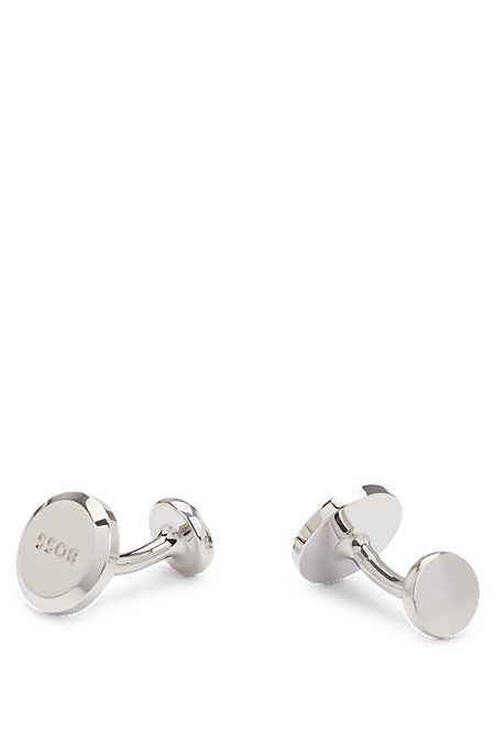 Round polished-brass cufflinks with engraved logo, Silver