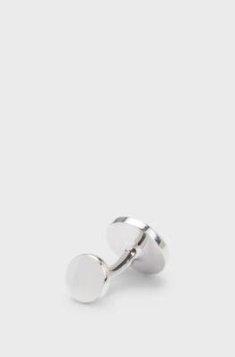 Round polished-brass cufflinks with engraved logo, Silver tone