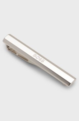 Brass tie bar with engraved logo, Silver tone