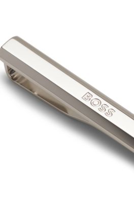 Brass tie bar with engraved logo, Silver tone