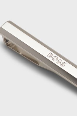 Brass tie bar with engraved logo, Silver tone