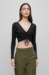 Long-sleeved cropped top with front drawstring, Black
