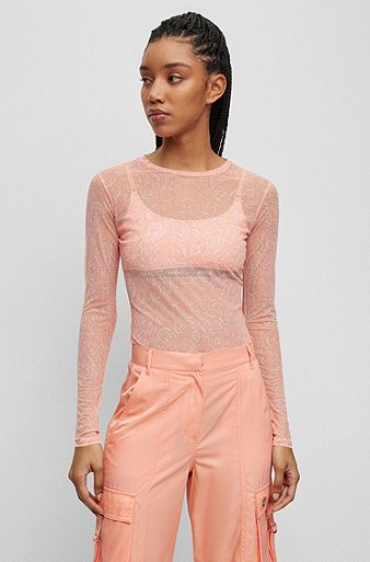 Stretch-mesh long-sleeved top with modern print, Patterned