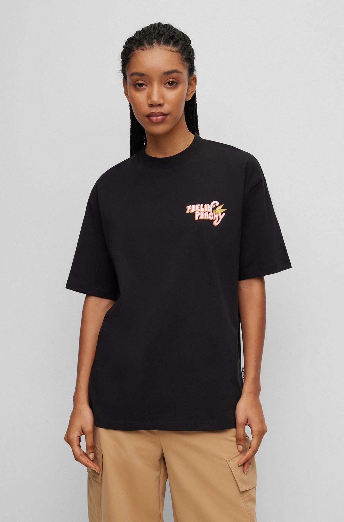 T-shirt van katoenen jersey met grafische print, Zwart