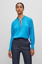 Relaxed-fit blouse in stretch silk with tie front, Turquoise