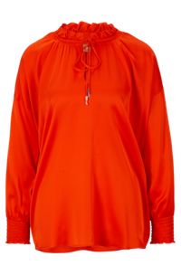 Relaxed-fit blouse in stretch silk with tie front, Orange