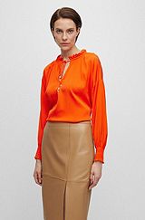 Relaxed-fit blouse in stretch silk with tie front, Orange