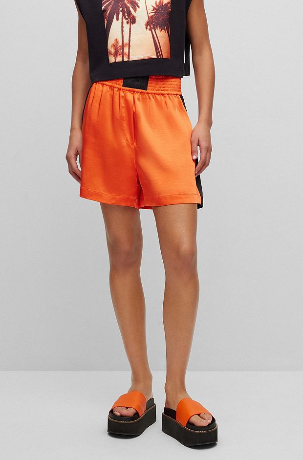 Satin shorts with logo label and side stripes, Dark Orange