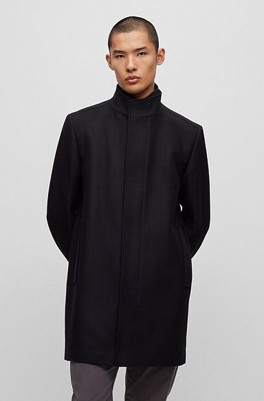 Wool-blend coat with knitted inner collar, Black