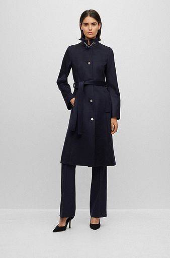 Belted coat in virgin wool and cashmere, Dark Blue