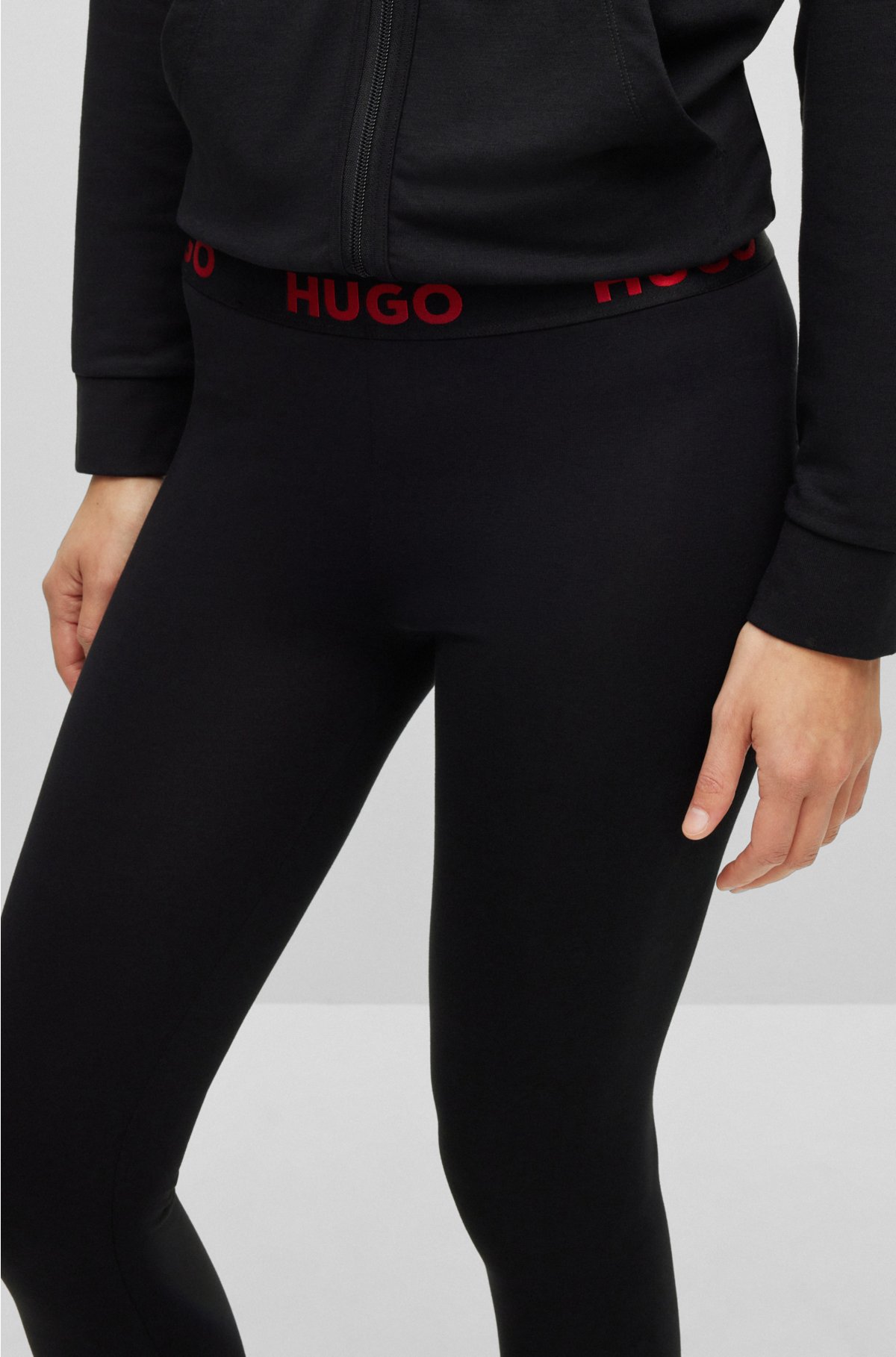 Stretch-cotton leggings with logo waistband, Black