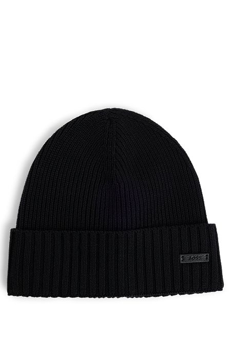 Ribbed beanie hat in responsible virgin wool, Black