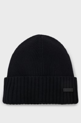 Rib-knit virgin-wool beanie with logo plaque, Black