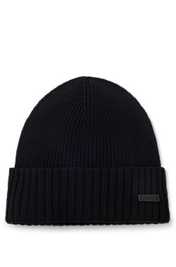 Rib-knit virgin-wool beanie with logo plaque