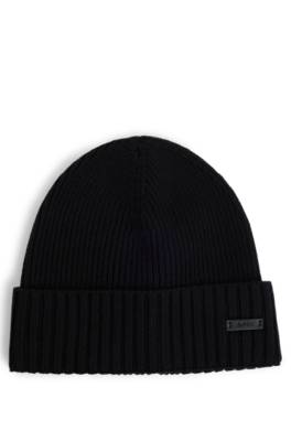 Hugo Boss Ribbed Beanie Hat In Responsible Virgin Wool In Black